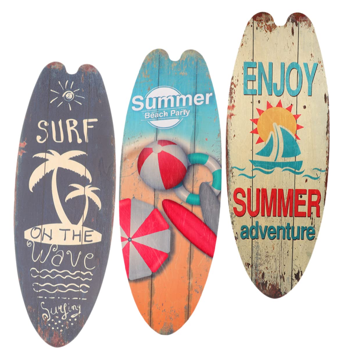 Toddmomy 3 tablas de surf de madera, decoración temática de playa, tabla de surf, placa de playa, cartel colgante de madera para el porche, estrella de mar, decoración de pared, tabla de surf,