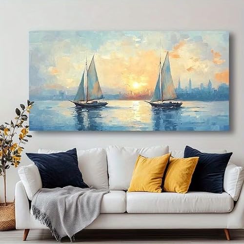 LZJAGXX Abstract Sailing Boats Wall Art Modern Canvas Painting Vibrant Sunset Cityscape, Horizontal Wall Decor for Living Room(50x90cm/Frameless)