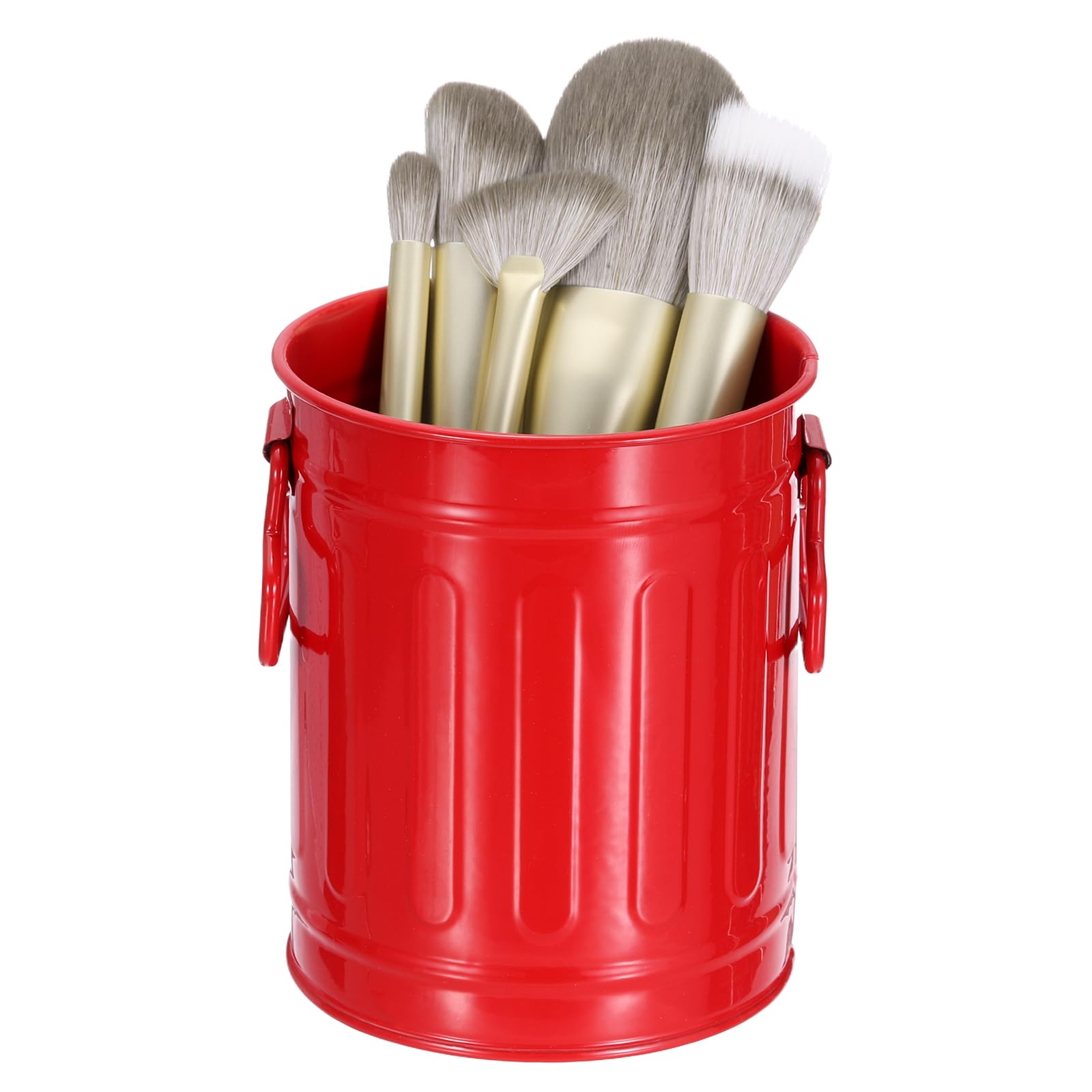 sourcing map Metal Makeup Brush Holder Organizer with Handle, 3.5x4.5 inch Round Pen Holder Small Desktop Organizer for Home Desktop Make Up Brushes Stationery Storage, Red