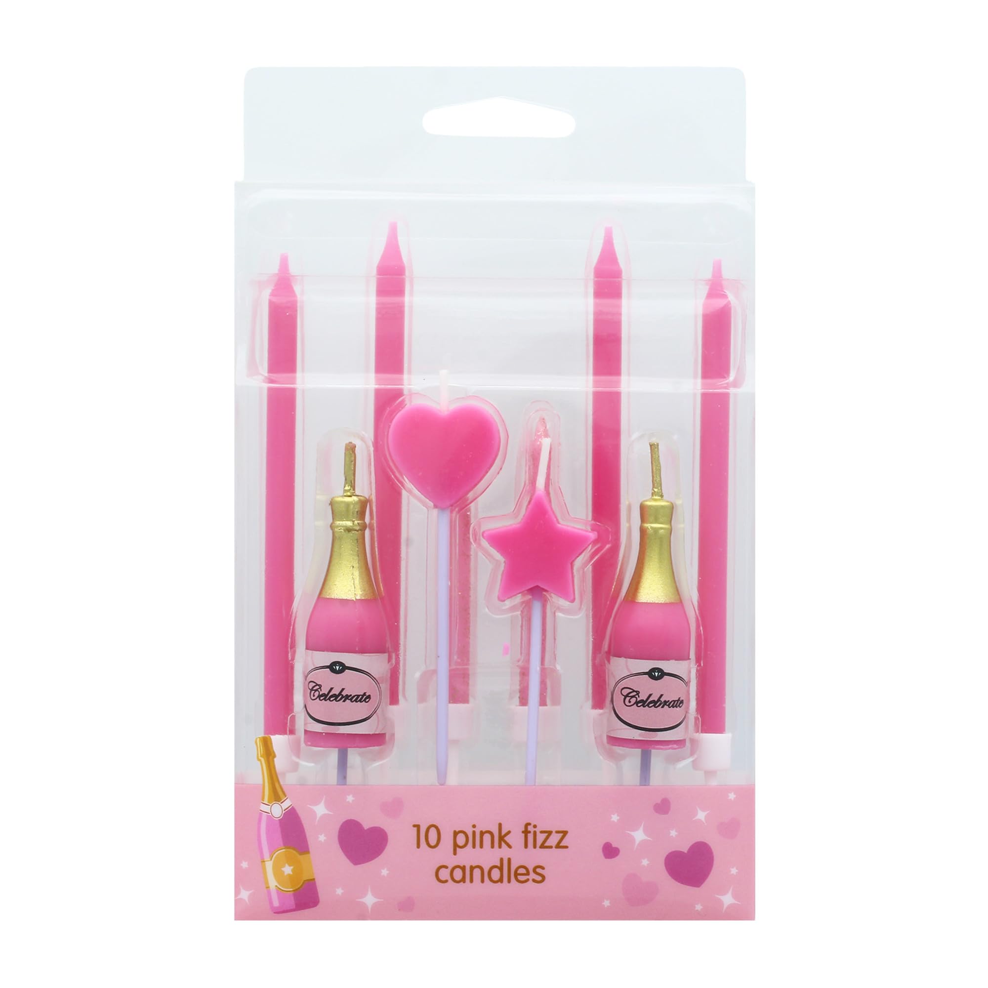 Culpitt Pink Fizz Cake Candles, 10 Birthday Cake Decorations for Parties, Celebration Toppers with Champagne Bottle, Glitter Candles, Tall, Heart, & Star Candles, Pink, White - Mixed Set of 10
