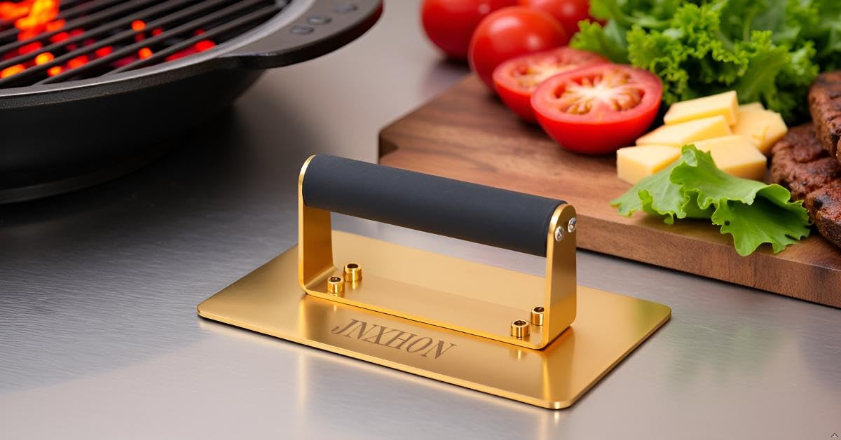 Burgerpresse aus Titanlegierung mit Verbrühungsschutz, Titanlegierung, Burgerpresse für Grillplatte, Speckpresse, Grillpresse, Rinder-Pattypresse (20,3 cm)