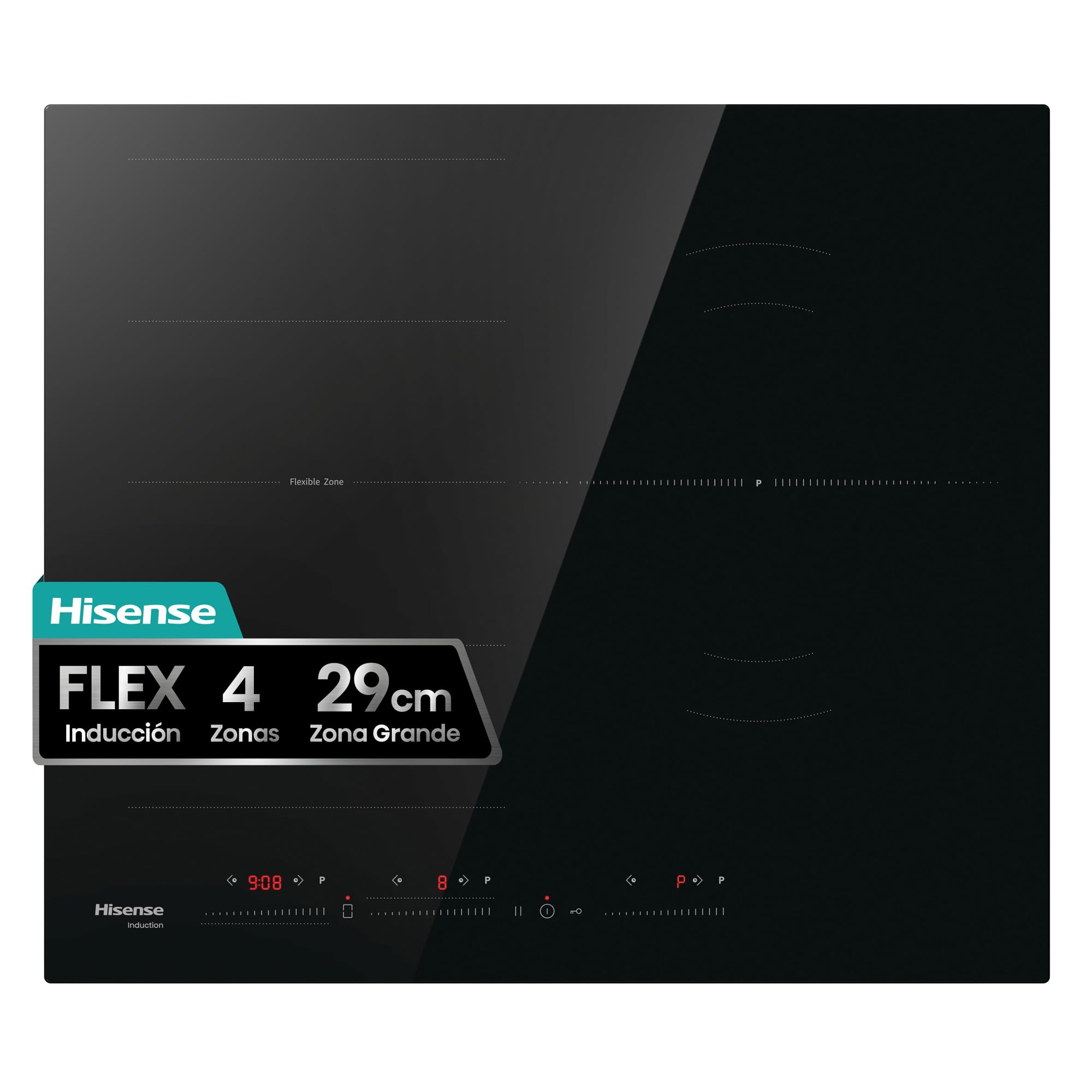 Hisense HI6352BSCE - Placa inducción flex, 3 Zonas + Flex, Potencia 7400W, Zona grande 29cm, Color Cristal negro | ALTO 5,3cm x ANCHO 59cm x FONDO 52cm