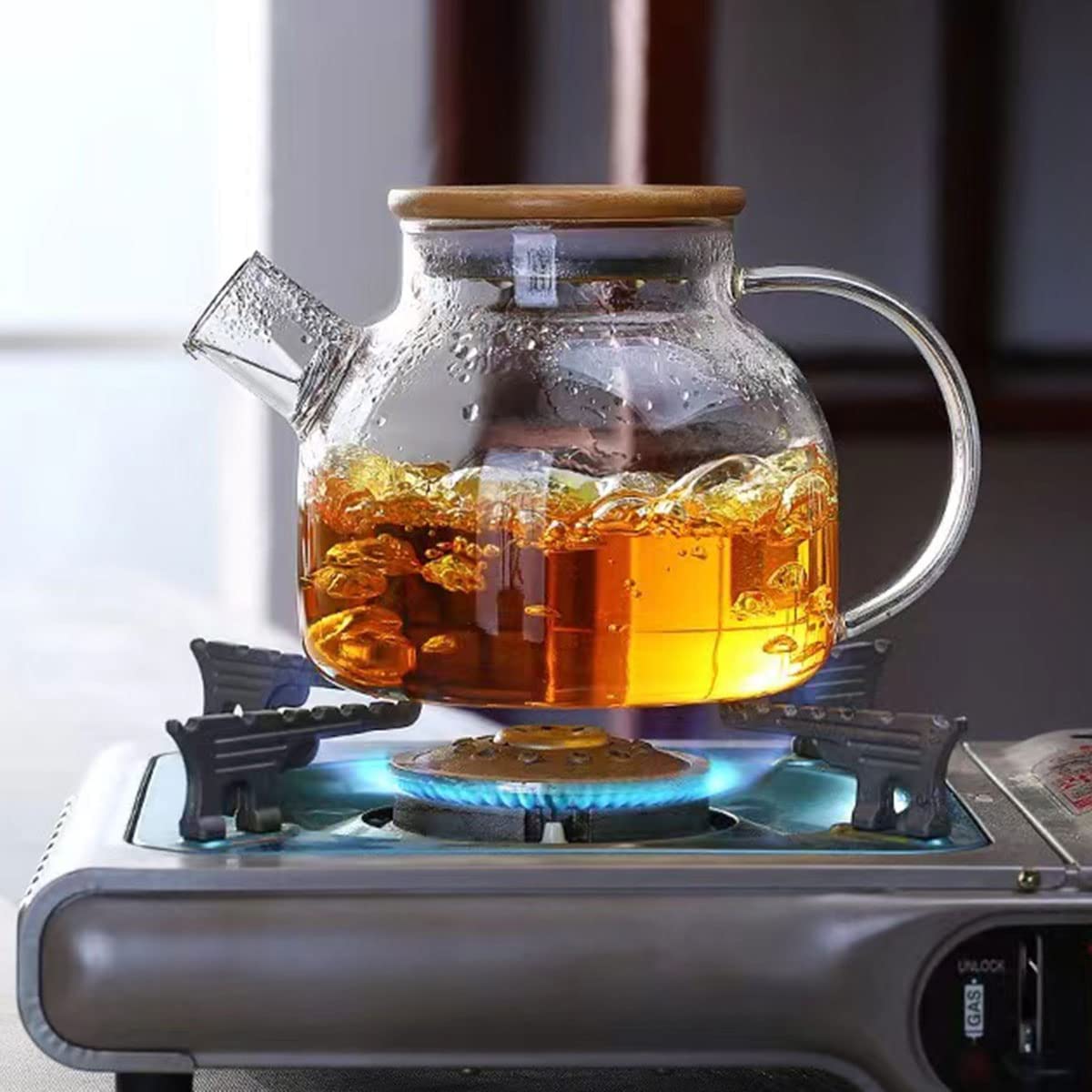 Théière en verre borosilicate 1,6 L avec filtre métal et couvercle bambou