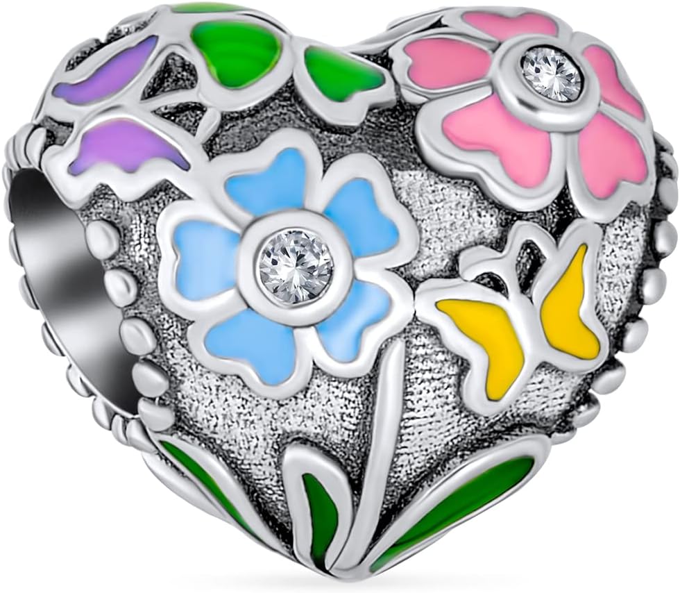 Bling Jewelry Set of Two Valentine CZ Accent Multi Color Enamel Floral Bouquet 3D Flower Heart Shape & Words Saying Daddy's Little Charm Bead For Women .925 Sterling Silver Fits European Bracelet