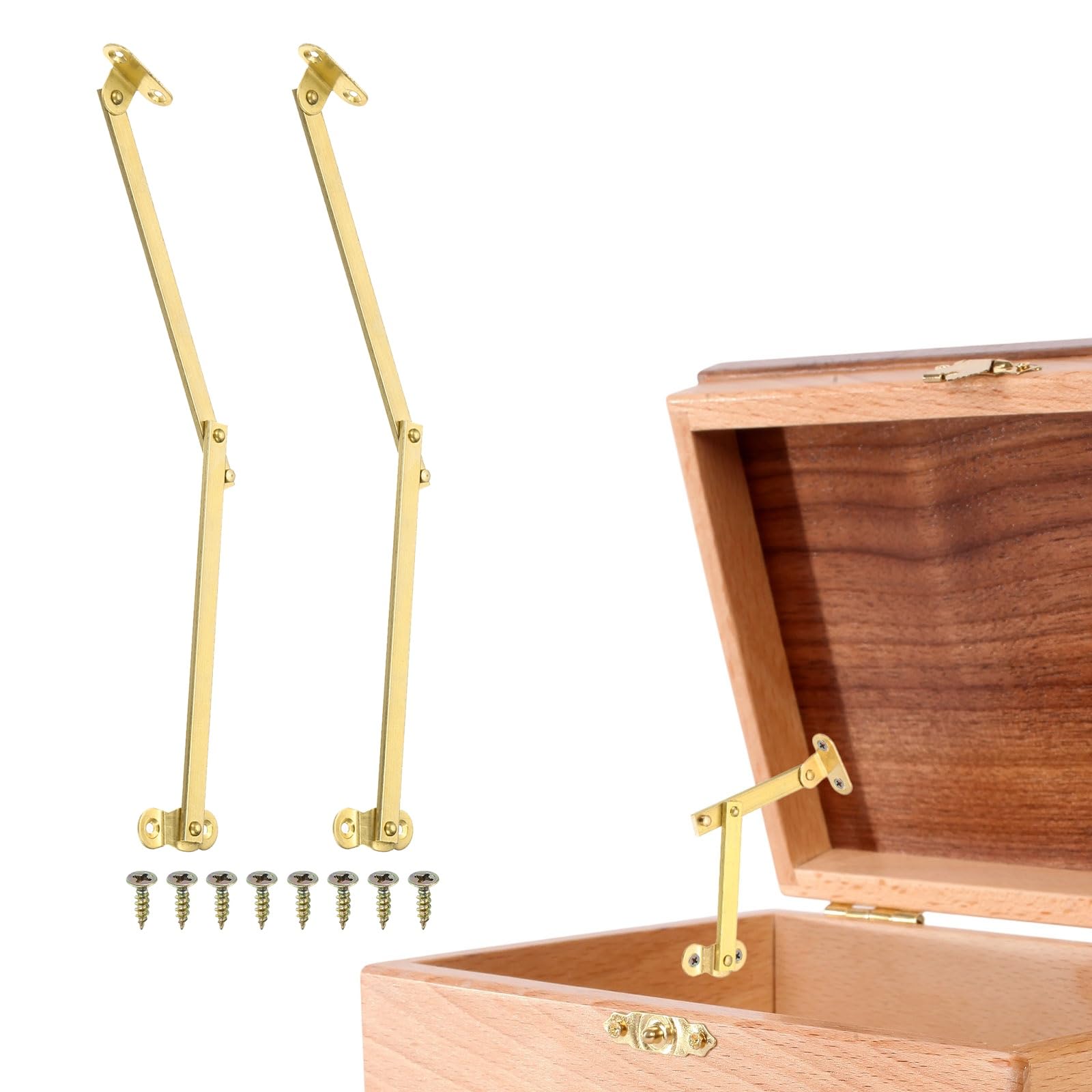 sourcing map 2Pcs Folding Lid Support Hinges, 5.9" Left Side Lift Up Stay Hinge Brass Rotatable Hinges for Cabinet Wardrobe Wooden Jewelry Box Cupboard Storage Shelve, Gold Tone