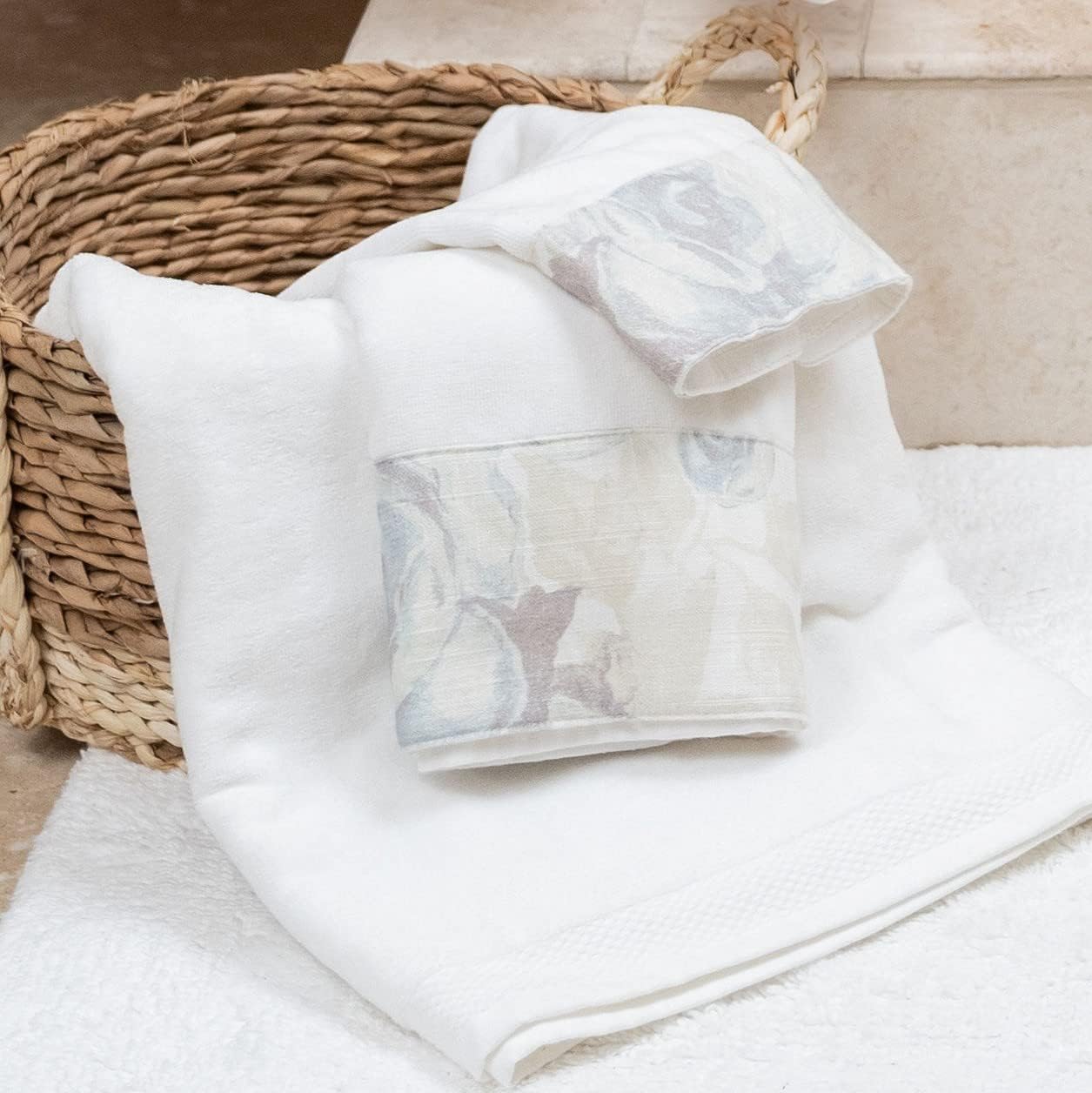 HiEnd Accents Rosaline 3 Piece Bath Towel Set, White Cotton with Rose Garden Floral Pattern, Romantic Classic Chic Casual Farmhouse Towels for Bathroom