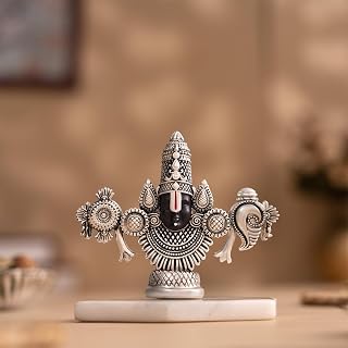 Svastika Lord Balaji Face Idol Silver-Plated 4-Inch Venkateswara Face Statue Perfect for Home Temple, Car Dashboard, or Gifting Elegant Spiritual Showpiece for Devotees