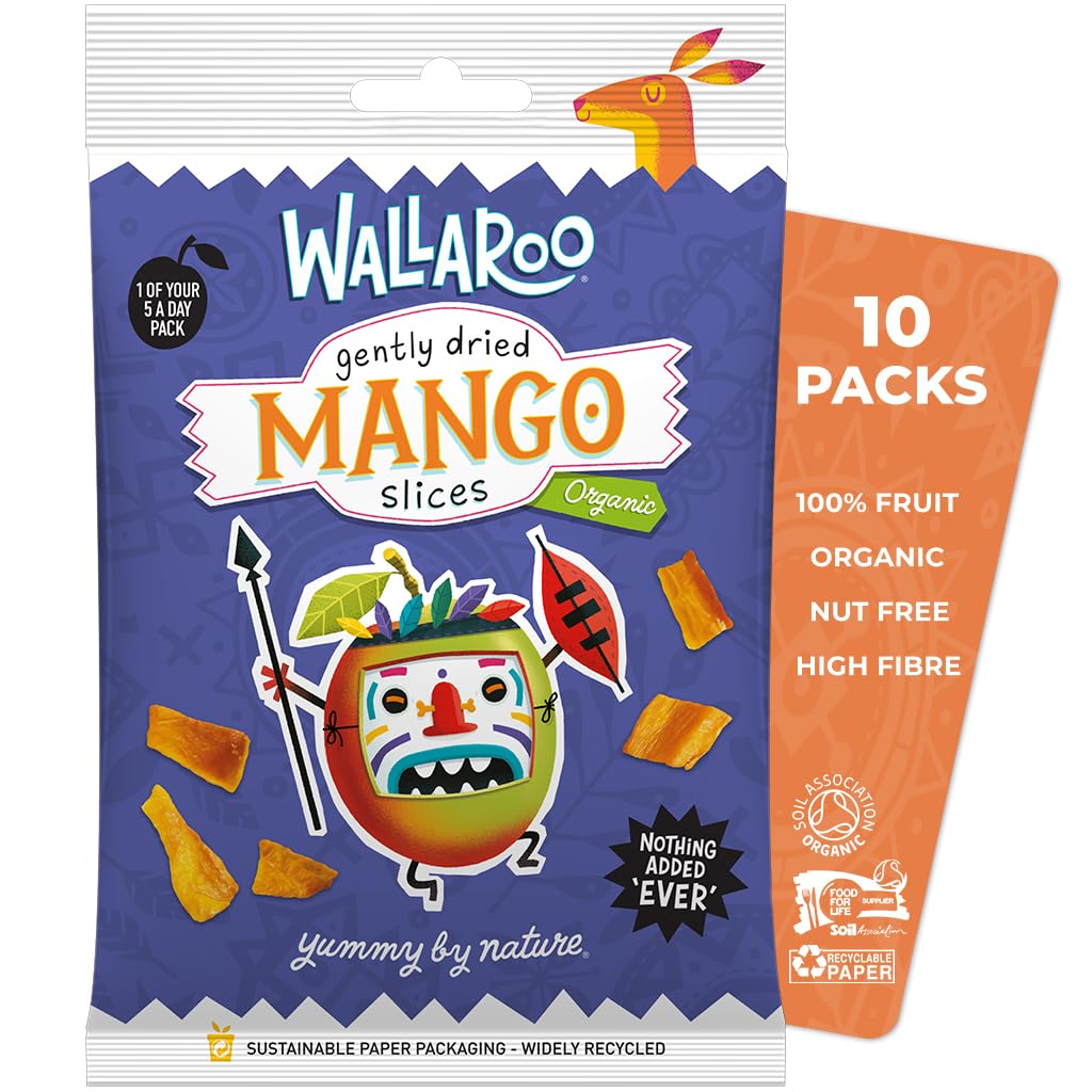 Wallaroo Organic Dried Mango | 100% Mango, No Added Sugar | Organic Fruit, High Fibre, Low Calorie, No Preservatives, Nut Free | Dried Fruit Snacks | Healthy Snacks | Multipack 10x30g