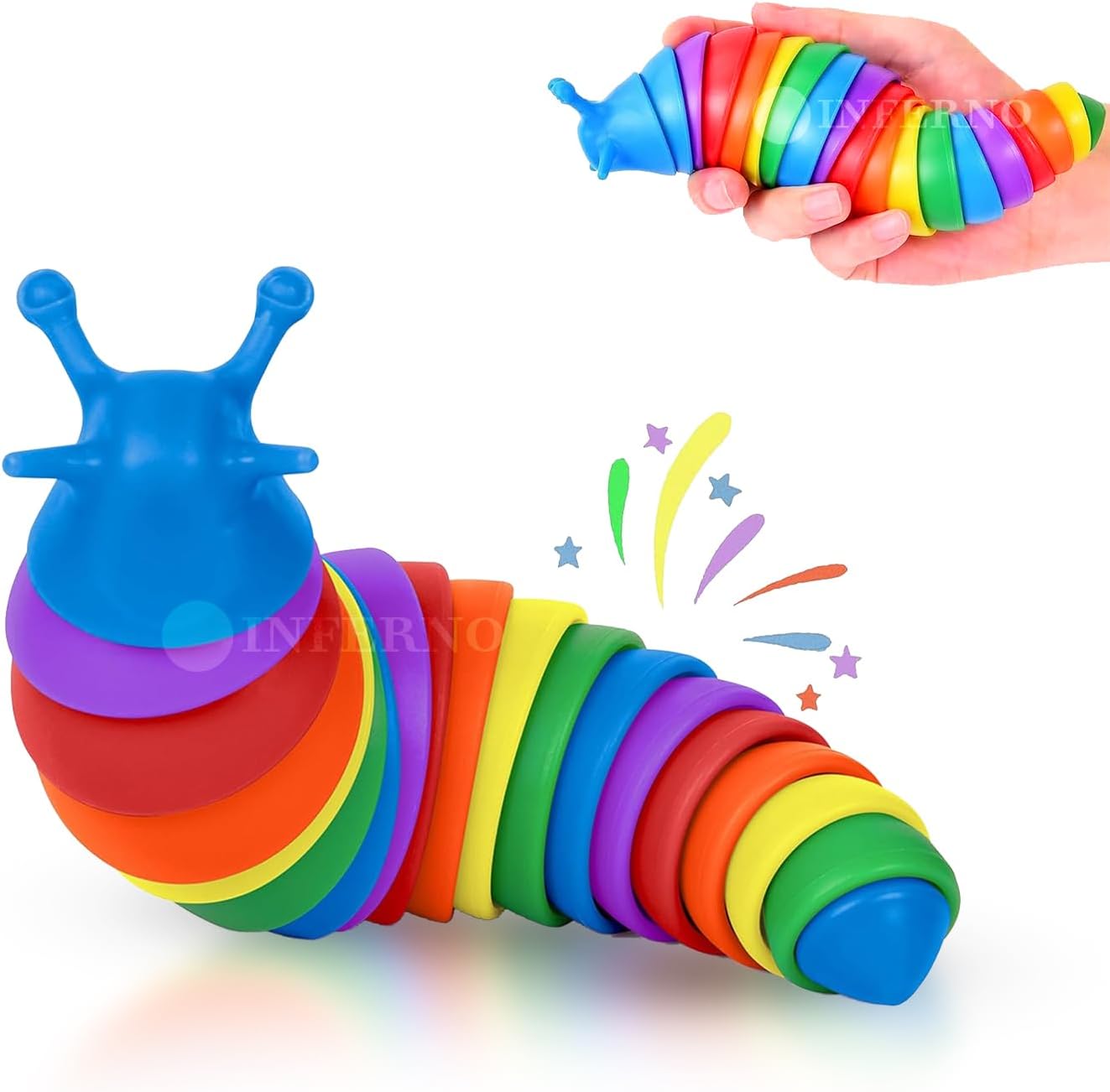 INFERNO® Small Slug Fidget Toy for Kids, Baby Sensory Toy, Clicky Sound Making Toy, Flexible Stretchable Joints for Anxiety, Autism (19 CM, Color-Rainbow)