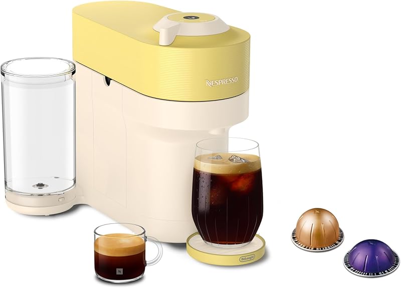 Cafetera y cafetera espresso Nespresso Vertuo Pop+ de edición limitada de De'Longhi | Cafetera de edición limitada, color amarillo pastel y diseño compacto, 25 fl. onz. Tanque lateral y Café y espresso One Touch.