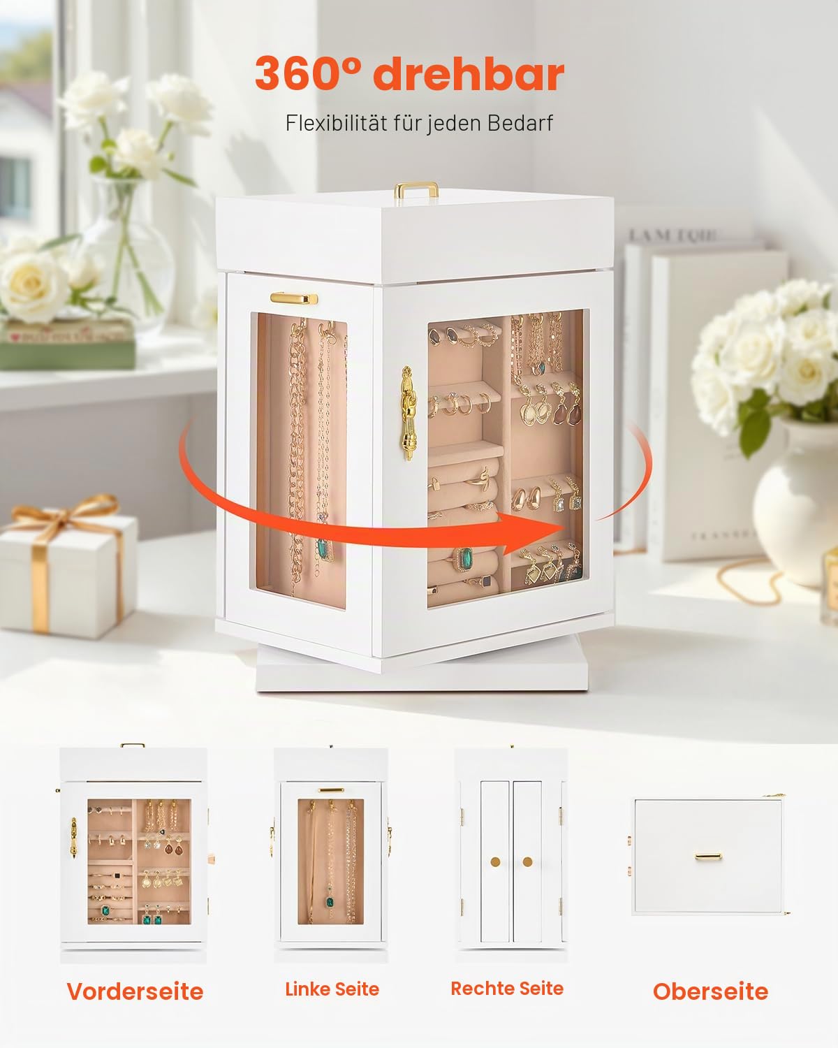 VEVOR Schmuckkästchen 360° drehbarer Schmuckkasten mit magnetischer Tür & Acrylfenster & 4 integrierten Halskettenhaken, Aufbewahrungskoffer mit Metallgriffen, Bodenpolster & weichem Samtfutter