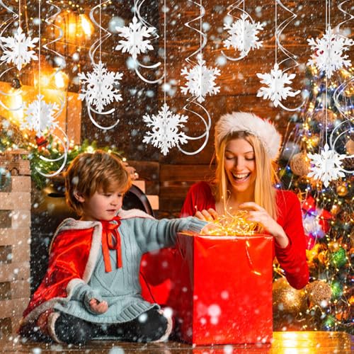 SULOLI Christmas Snowflake Hanging Swirls Decoration,30 Pieces 3D Snowflake White with Ceiling Swirls for Christmas