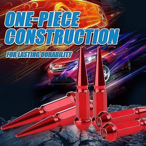 Image of JiiinMiiin M10x1.25 Long Steel Spike Lug Nuts, Thread Pitch 10x1.25, Set of 16 ATV Wheel Nuts with A Socket. [Red]