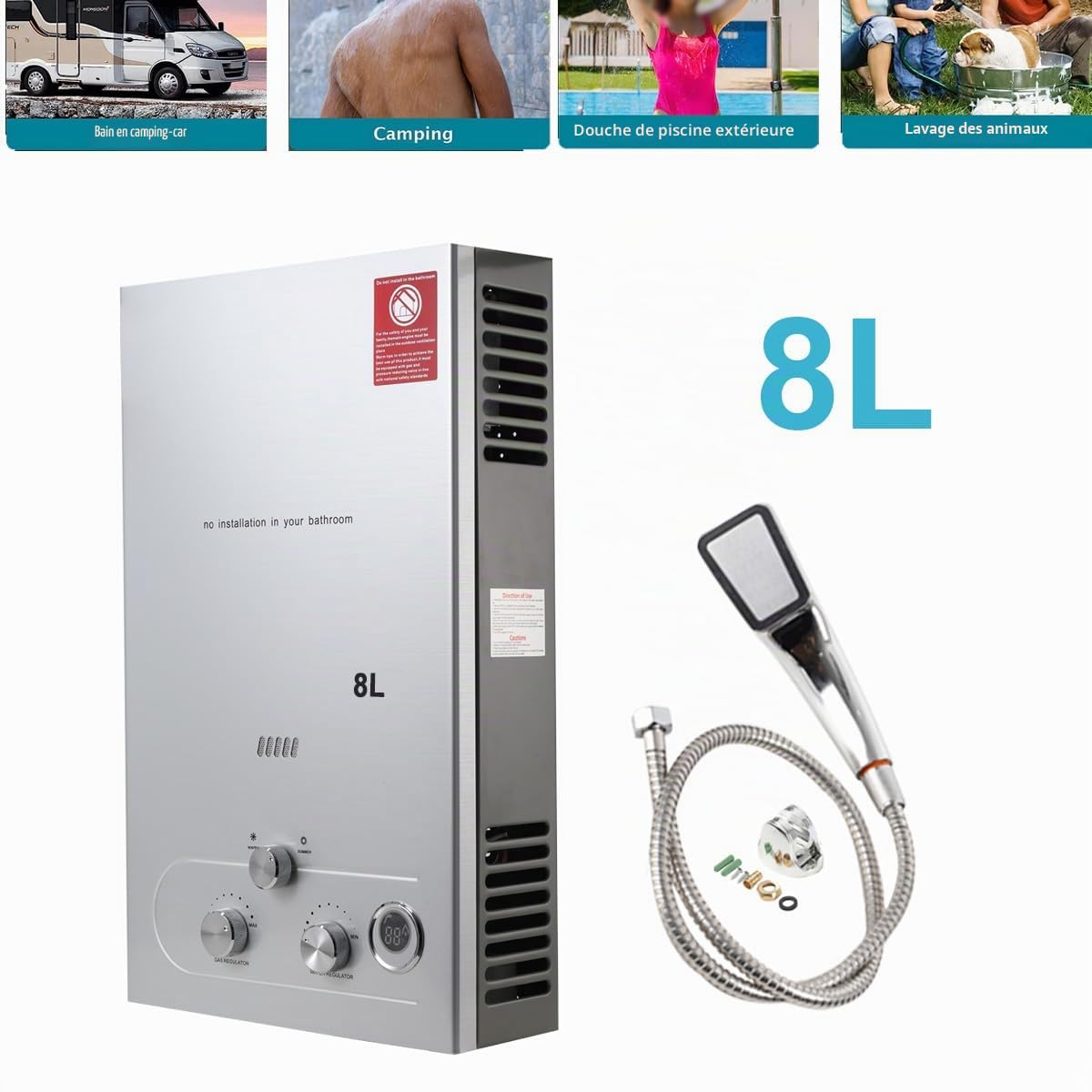 Chauffe eau instantané gaz LPG 8L 16kW propane Chauffe-eau gaz Tankless Chaudiere Avec pommeau de douche à effet pluie et tuyau de douche - Pour camping en plein air et douche en VR -Argent
