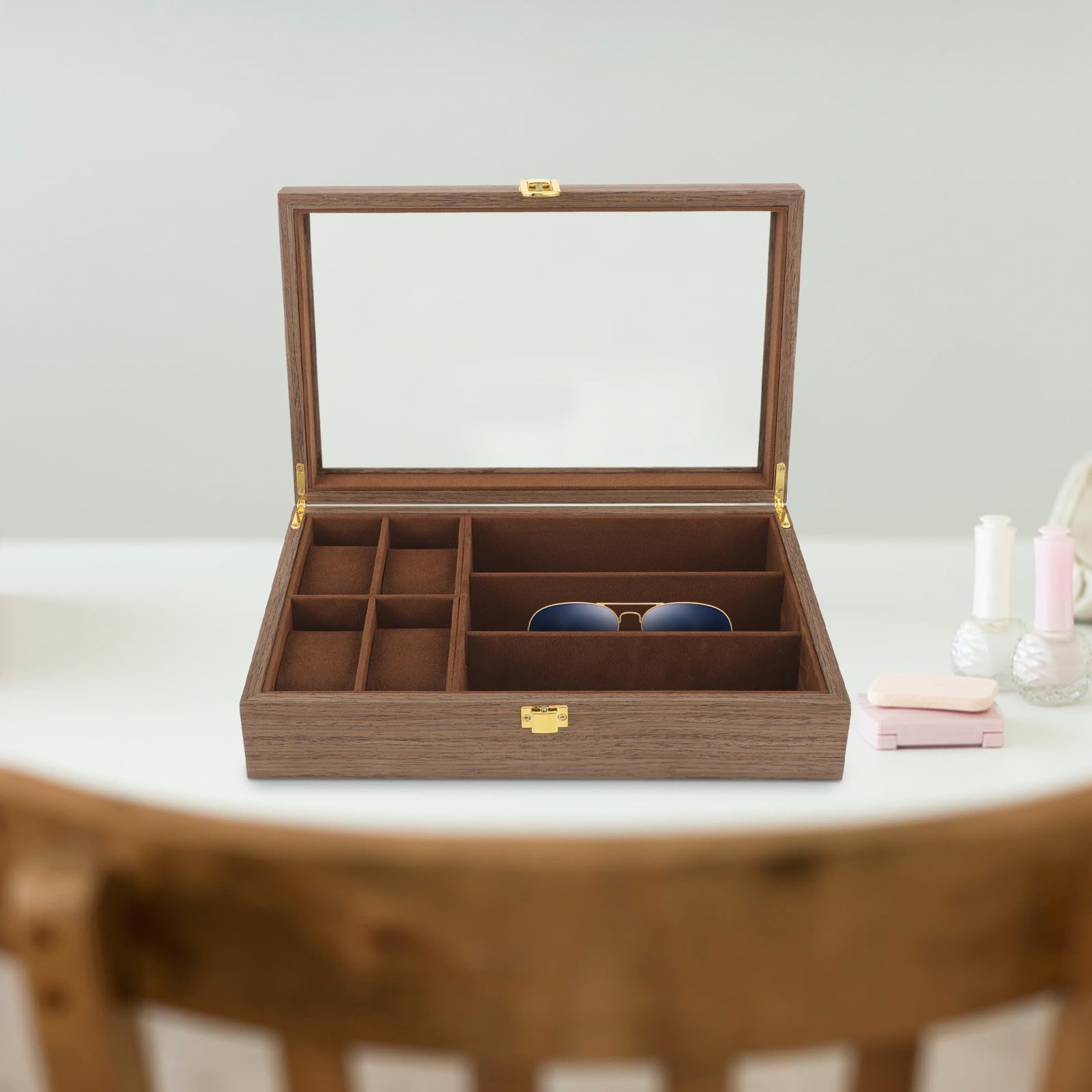Gatuida Caja para Relojes y Gafas de Madera Marrón Gran Capacidad, Diseño Multi-rejilla, Tapa Incluida, Adecuado para Viajar y Organizar Joyas