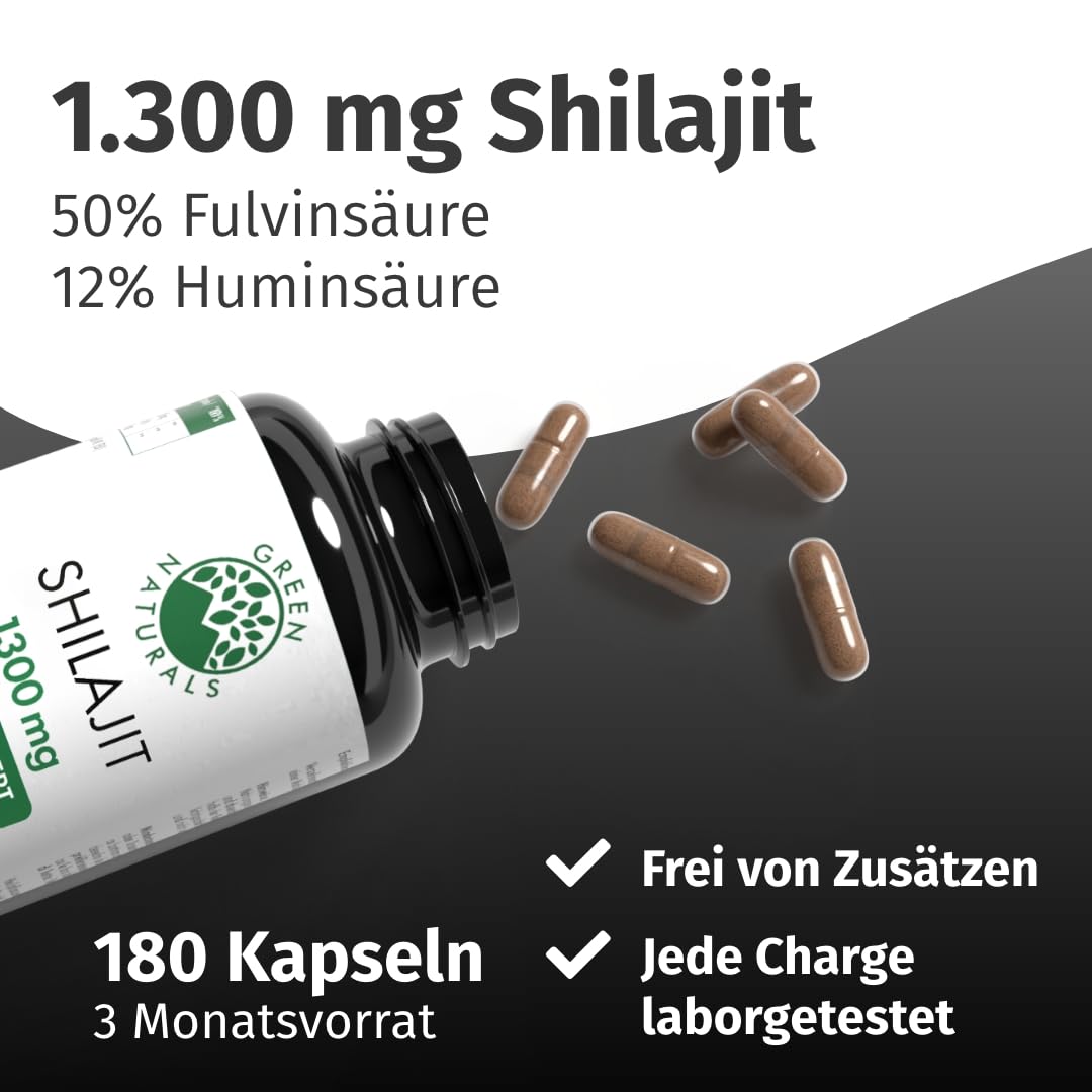 Green Naturals® Himalaya Shilajit 1.300 mg – 180 Kapseln – 3 Monate vegan | Standardisiert auf 50 % Fulvinsäure & 12 % Huminsäure · Ohne Zusätze · Laborgeprüft in Österreich