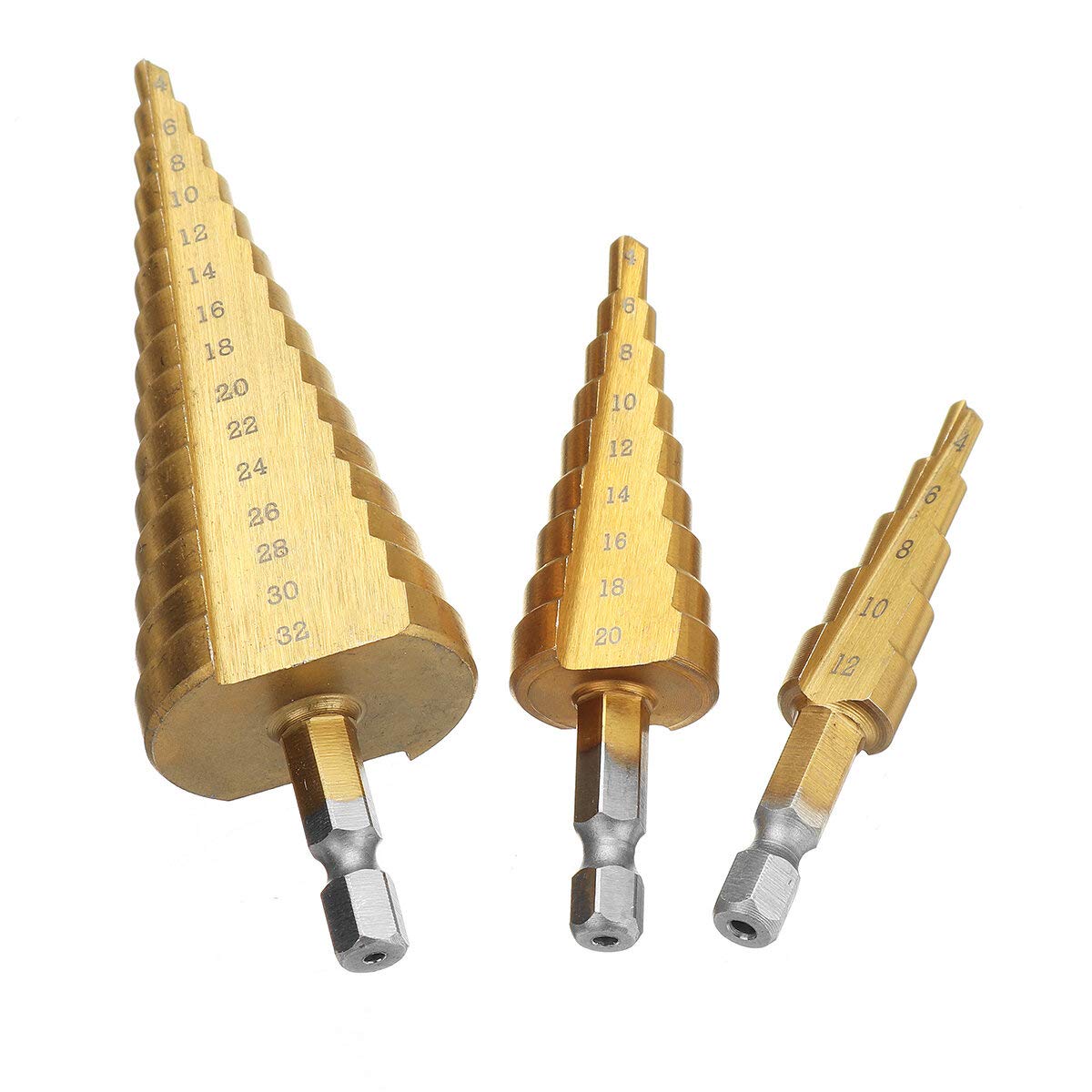 1/3PCS 4-12/20/32mm Juego de brocas escalonadas Cortador de orificios cónicos Broca chapada HSS (Size : 3PCS-LARGE)