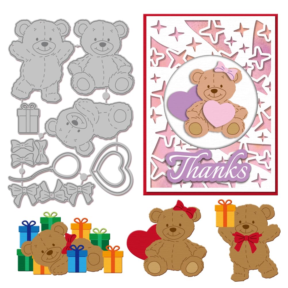 GLOBLELAND Fustelle eleganti a forma di orsetto per la creazione di biglietti con fiocco, orso, San Valentino, per fai da te, scrapbooking, diario, goffratura, decorazione artigianale