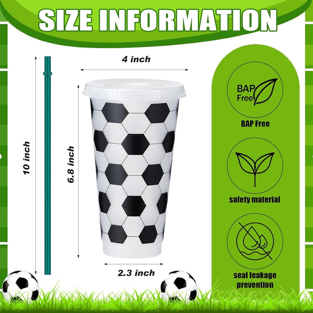 Set di 12 Bicchieri di Plastica a Tema Calcio 710ml con Coperchio e Cannuccia, Tumbler Riutilizzabile per Feste Compleanno, Decorazione per Party Sportivi, per Bambini e Adulti (Cannuccia Verde)