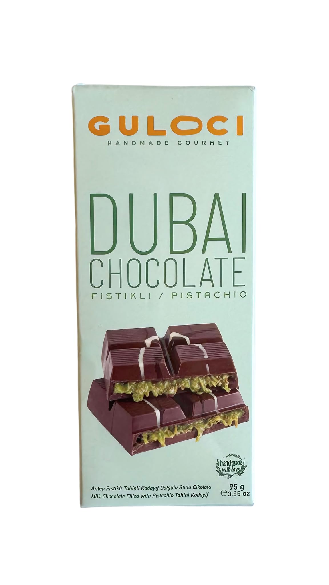 GULOCI Dubai Çikolatası - Antep Fıstıklı Tahinli Kadayıf Dolgulu Sütlü Çikolata - 95 GR