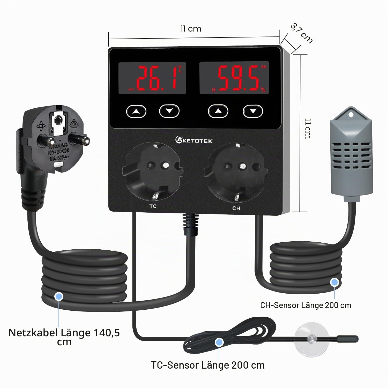 KETOTEK Thermostat Hygrostat Steckdose Digital, Temperaturregler Feuchtigkeitregler Steckdose mit 2 Fühler 230V, Temperatur Feuchtigkeit Regler für Gewächshaus Pilz Terrarium