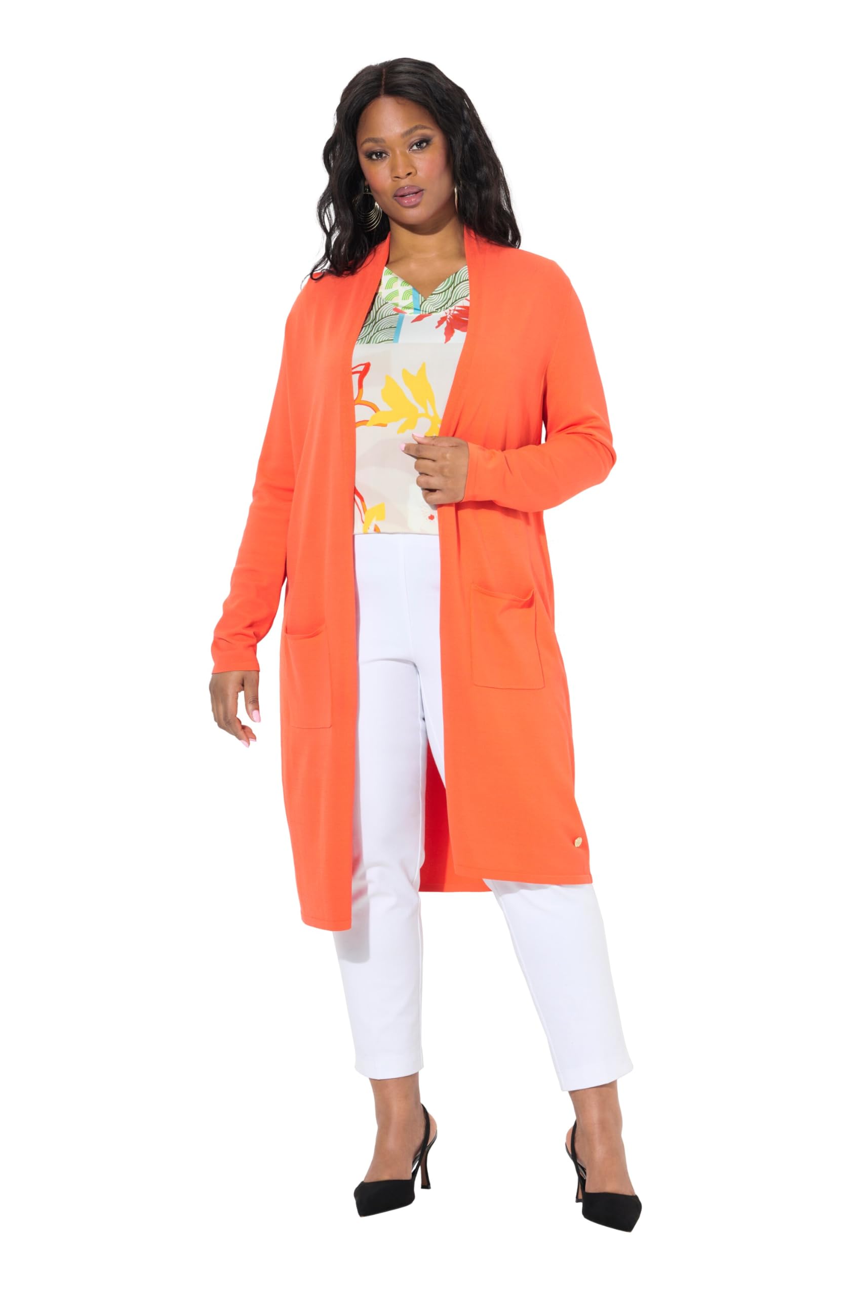 Ulla Popken Damen große Größen Übergrößen Plus Size Long-Strickjacke, Stehkragen, offene Form, Langarm 828990