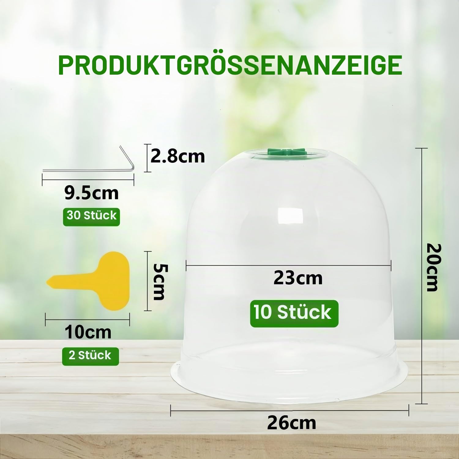LATERN 10 Stück Gartenpflanzen-Cloche, 26cm x 20cm Wiederverwendbare Kunststoff-Mini-Gewächshaus-Glockenabdeckung zum Frostschutz – mit 16 Pflanzenetiketten, 30 Sicherungsstiften