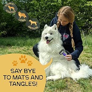 Pret & Lively Pet hair Dematting Tool, Tough Mats and Tangles, Undercoat Rake Comb, Dogs, Cats, Rabbits, & All Hairy Pets, Holiday Gift, Professional Grooming Brush For Deshedding, Extra Wide (Purple)