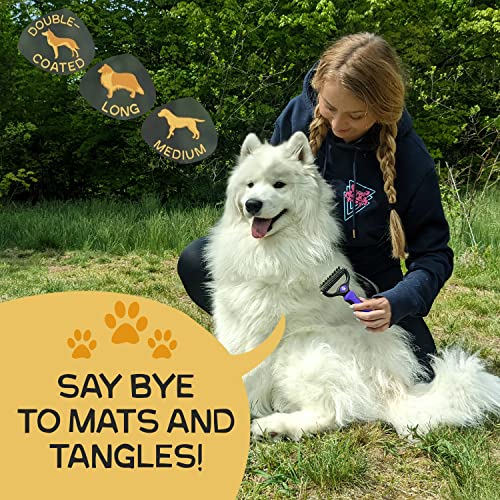 Pret & Lively Pet hair Dematting Tool, Tough Mats and Tangles, Undercoat Rake Comb, Dogs, Cats, Rabbits, & All Hairy Pets, Holiday Gift, Professional Grooming Brush For Deshedding, Extra Wide (Purple) Pret & Lively Pet hair Dematting Tool, Tough Mats and Tangles, Undercoat Rake Comb, Dogs, Cats, Rabbits, & All Hairy Pets, Holiday Gift, Professional Grooming Brush For Deshedding, Extra Wide (Purple)