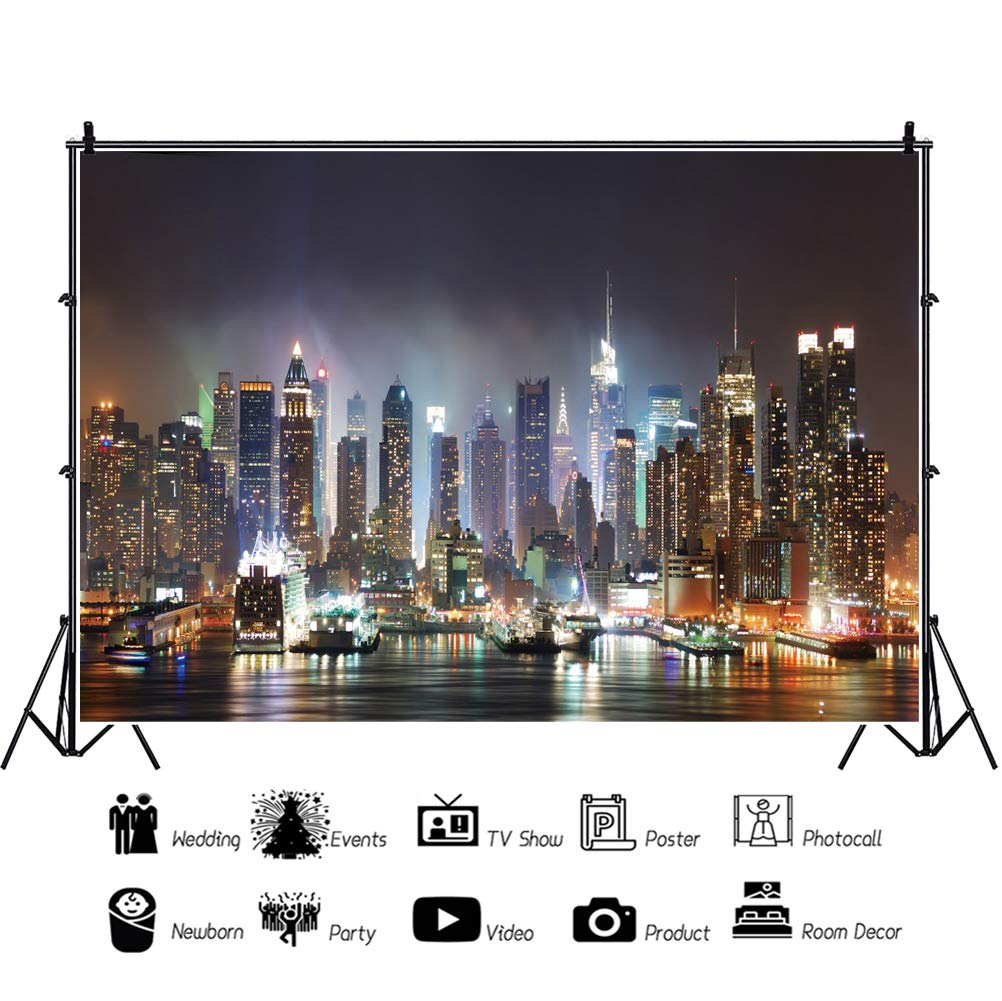 6x3m Nueva York Paisaje Fotografía Fondo Ciudad Noche Paisaje Vista al Aire Libre Telón de Fondo Telón de Fondo para Fiesta en Barco de Lujo Retrato Infantil Adulto Foto Atrezzo