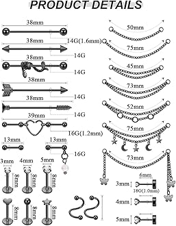 REVOLIA Surgical Steel Industrial Barbell Earrings with Chain for Women Dangle Cartilage Earring Studs Cartilage Helix Tragus Daith Industrial Piercing Jewelry Set