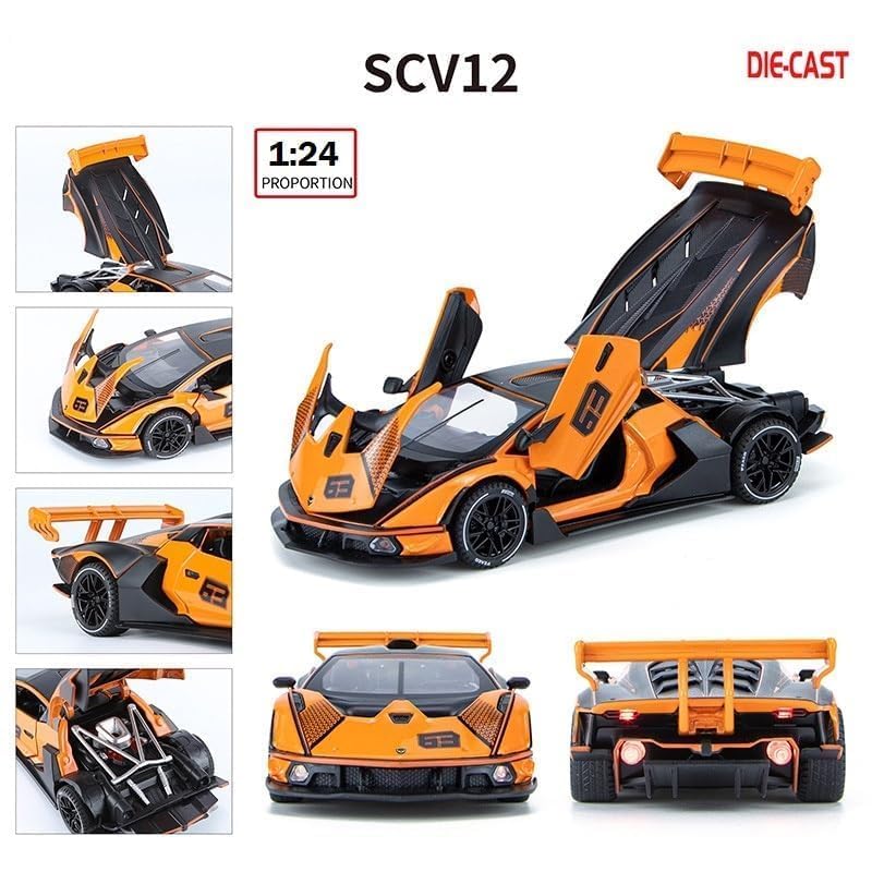 Image of 1:24 Lamborghini Essenza SCV12 Diecast Scale Model Metal Pull Back Toy Car for Kids with Openable Doors & Light, Music Toy Vehicle for Kids (Orange)