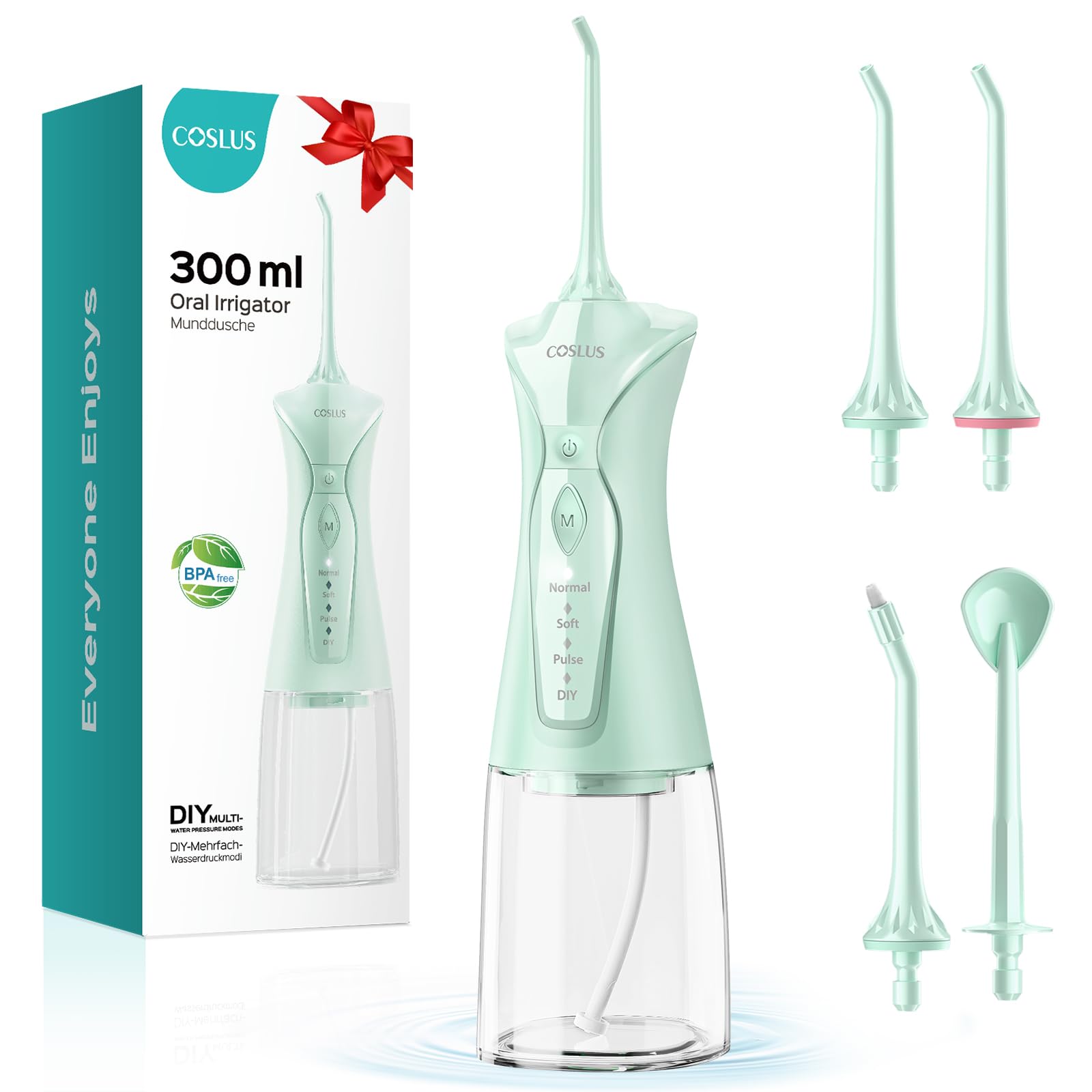 COSLUS Water Dental Flosser Pick for Teeth: 4 Modes Cordless Portable 300ML Larger Tank Water Teeth Cleaner IPX7 Waterproof Flossing Cleaning Picks for Home Travel Green C30(FC5360)Global Recycled StandardGlobal Recycled StandardGlobal Recycled Standard