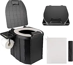 Sanita de acampamento portátil com assento de poliuretano – vaso sanitário dobrável de viagem para adultos, suporte de telefone destacável, proteção contra respingos e sacos de lixo – Design compacto