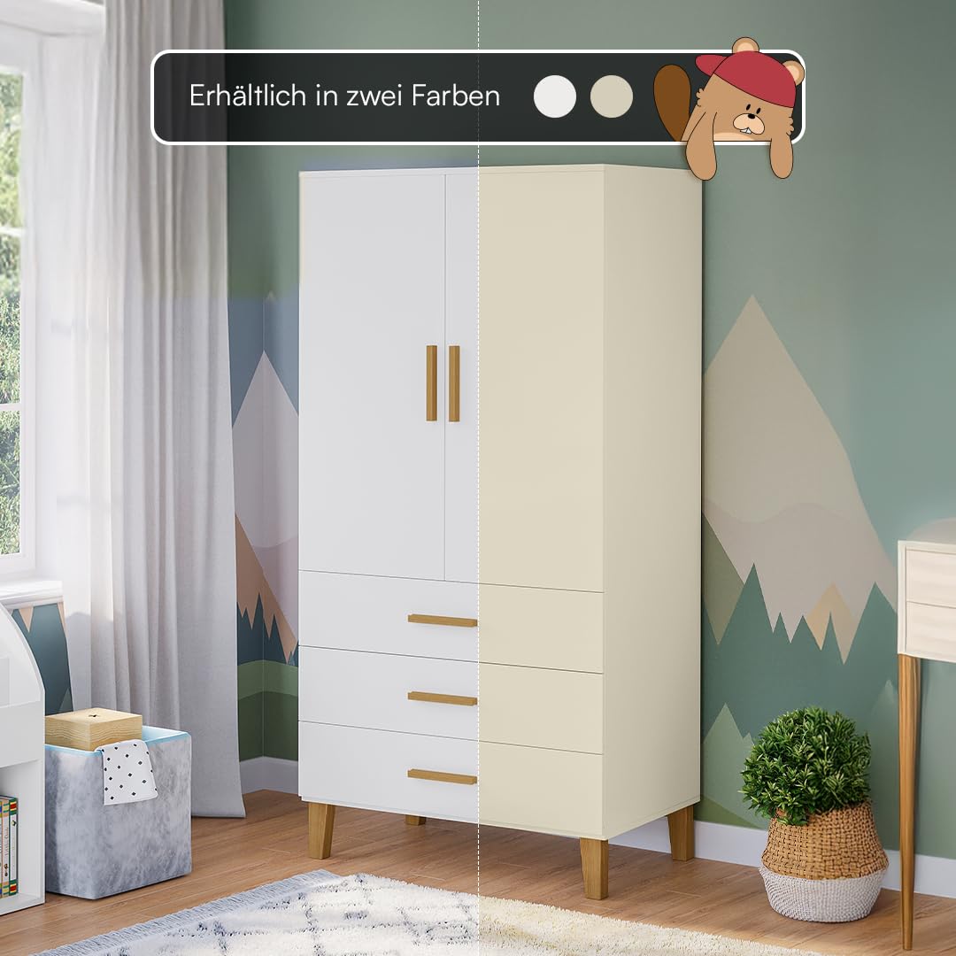 Bellabino Liri Kinderkleiderschrank – Kleiderschrank Kinderzimmer 2-türig mit 3 Schubladen in Weiß/Natur – Babyzimmer Schrank für Mädchen & Jungen – 183 x 56 x 90 cm (HxTxB)