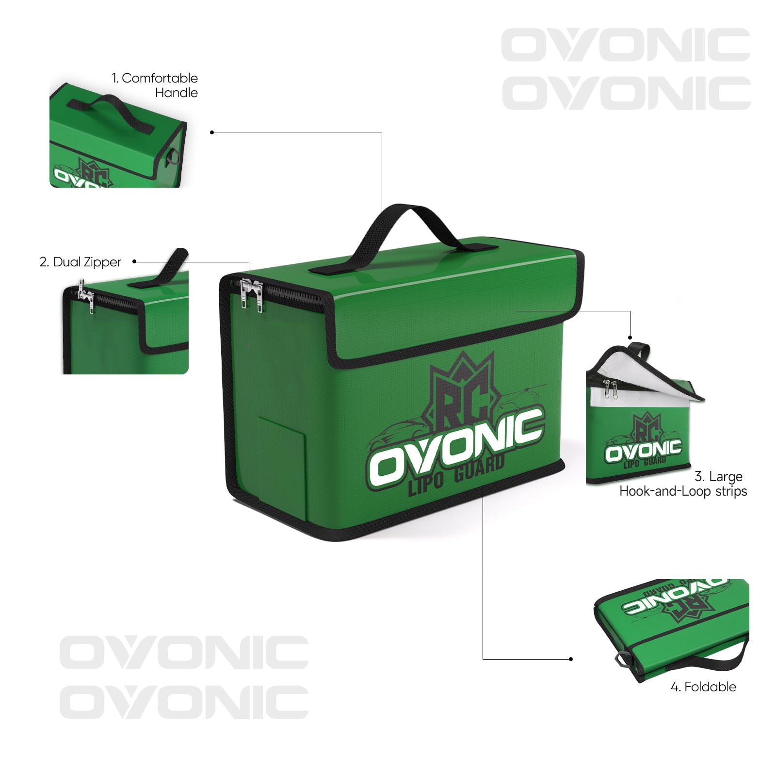 OVONIC Borsa antideflagrante a prova di fuoco della borsa sicura di Lipo, grande capacità media e piccola per stoccaggio delle batterie Lipo