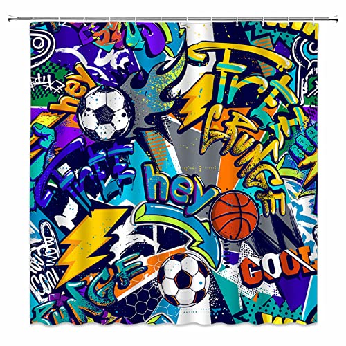 Vpupcn Sports Shower Curtain For Boys Teens Basketball Football Game Abstract Art City Street Colorful Graffiti Creative Grunge Hip Hop Polyester Curtains Bathroom Decor With Hooks 70Wx70H Inch #TOP2