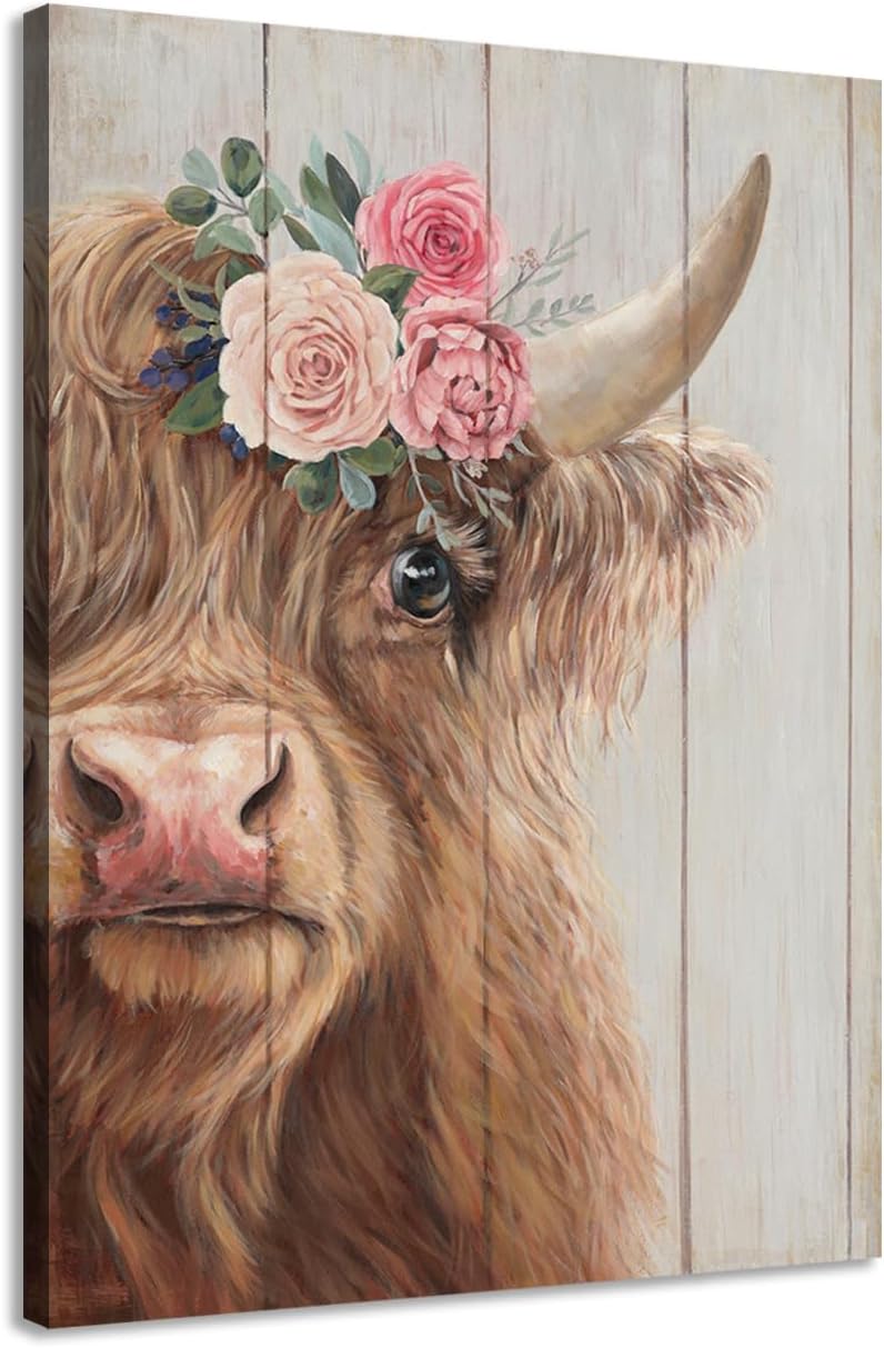 Yelash Highland Cow Canvas Wall Art Farmhouse Animal Picture Wall Decor, Funny Cow Flower Painting Poster Mural for Bedroom 16 x 24 Highland Cow 24"L x 16"W