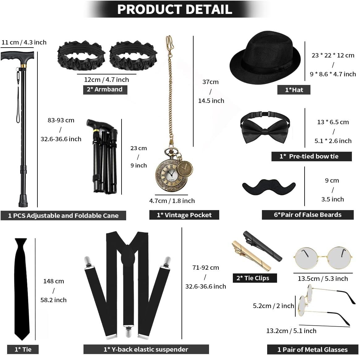 1920s Mens Costume, Roaring 20s Costumes Accessories Set Vest Foldable Crutches Fedora Hat Pocket Watch Tie - Image 3