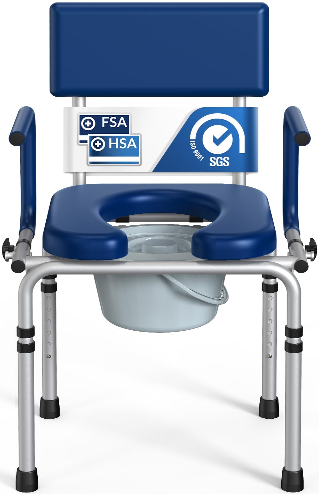 drop arm bedside commode, commode toilet with padded seat and backrest, 400lbs capacity, 6.3qt removable bucket and splash guard, adjustable height portable toilet for adults, blue