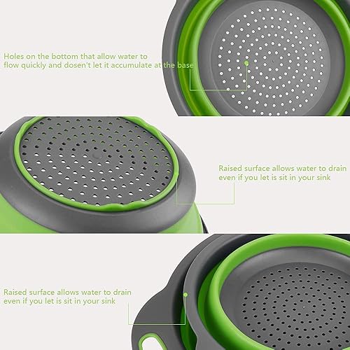 Miniatura 6 de HOWOON Basket Collapsible Colander Set of 2 Round Silicone Kitchen Strainer - 1 large small Perfect for Draining Pasta, Vegetable and fruit (Green)