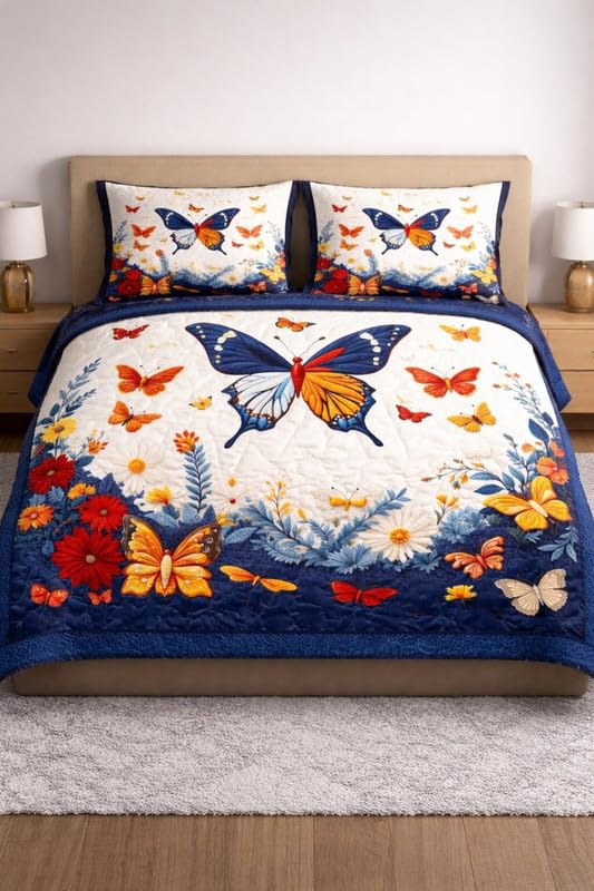 Image of Akshya Double Bedsheet King Size (90x100 Inch) with 2 Pillow Covers | 300 TC Microfiber Soft Bedsheet | Blue Butterfly Printed Designer Bedsheet for Double Bed