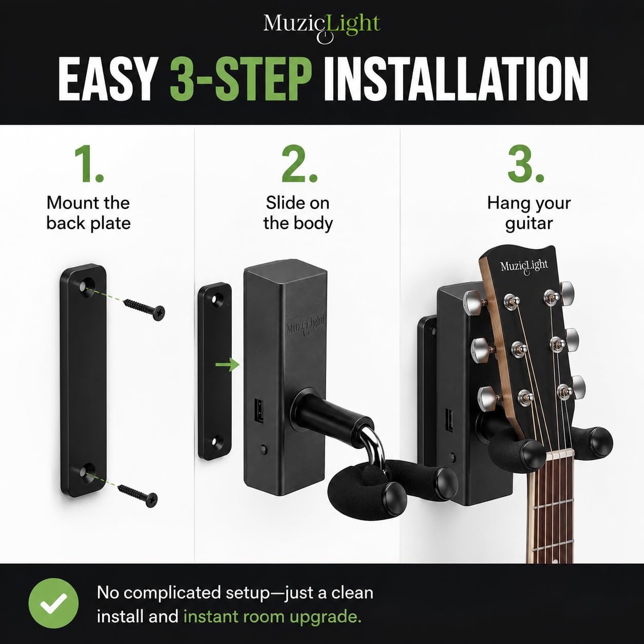 MuzicLight Soporte de pared para guitarra iluminada y soporte de pared para guitarra eléctrica o guitarra acústica con LED para exhibición de guitarra con iluminación ambiental (azul)