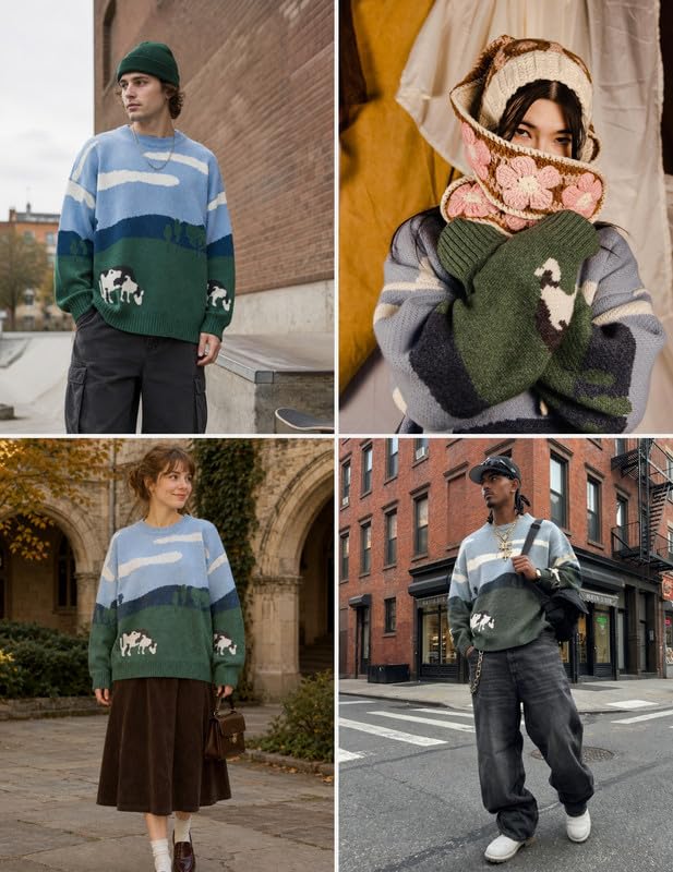 Image of Vamtac Mens Oversized Sweater Vintage Graphic Pullover Crewneck Knit Jumper Y2K Unisex Streetwear 2026 Fall Tops