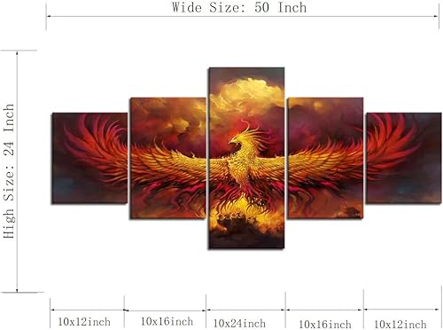 Miniatura 6 de 5 piezas de pintura sobre lienzo ardiente de fénix dibujado en estilo heráldico fuego fénix arte de pared vintage impresiones obras de arte arte