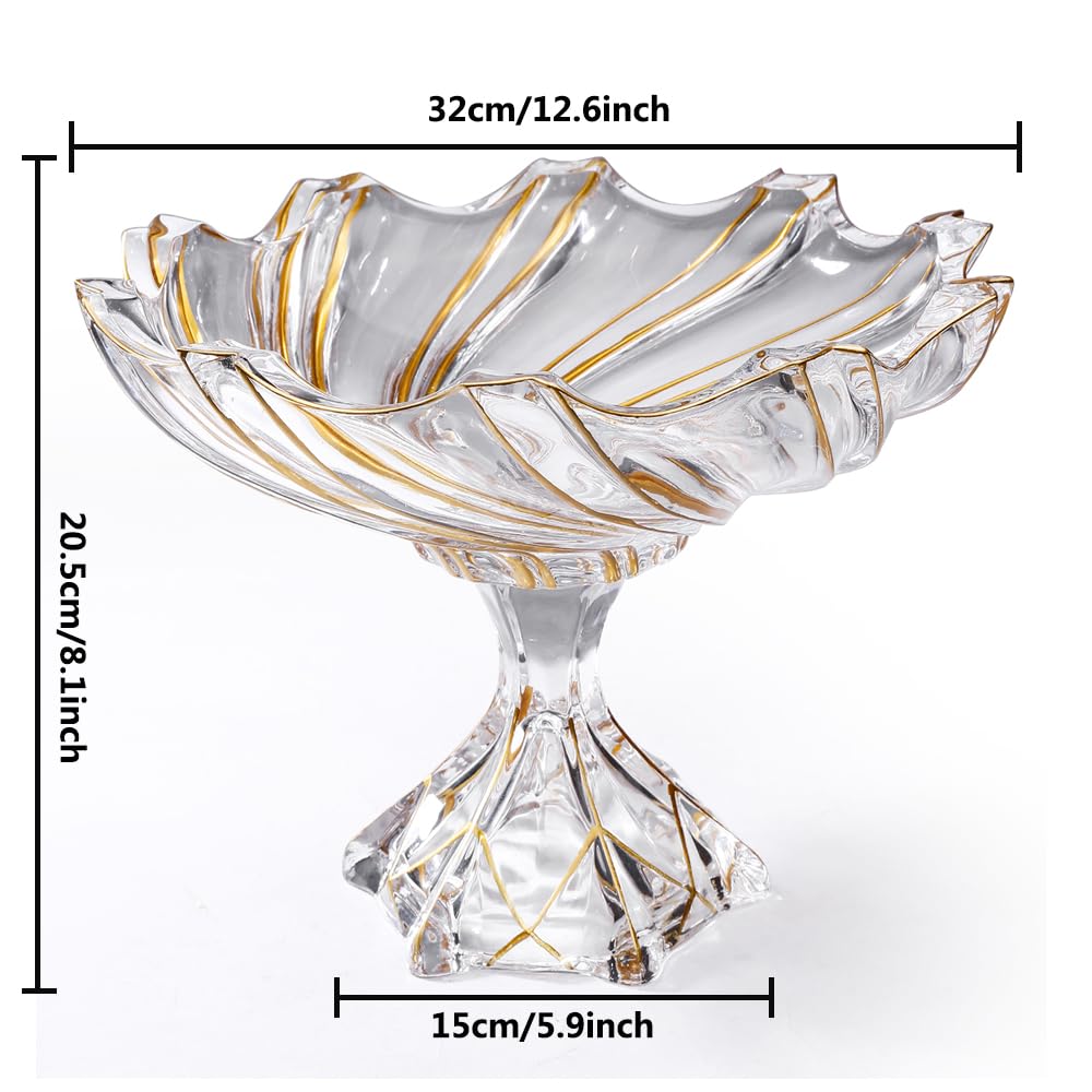Cuenco decorativo grande pintado a mano con forma de torbellino dorado de 32 cm de diámetro, cuenco de vidrio con patas para encimera de cocina y centro de mesa de comedor.