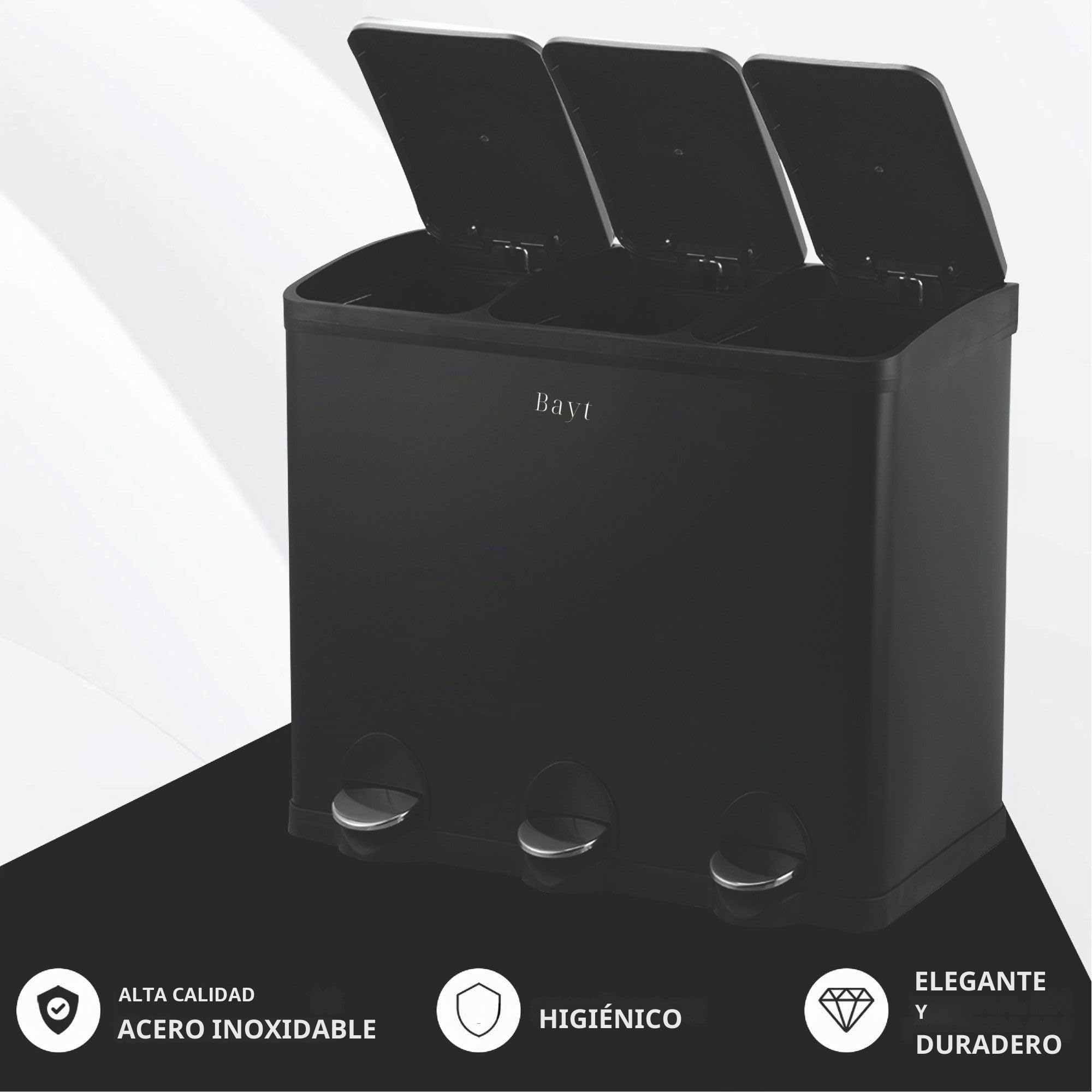Bayt Cubo de Basura 60L (3 x 20L), Contenedor de Reciclaje para Cocina con 3 Compartimentos, Acero Inoxidable Negro, Pedales, Cubos Interiores, Negro