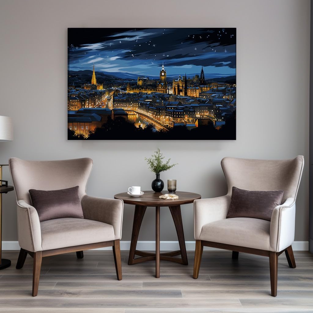 Canvas for Living room. Starry Nights and City Lights - Edinburgh's Romantic Urban Splendor, 27 x 18 inch Canvas Wall Art - Ready to Hang