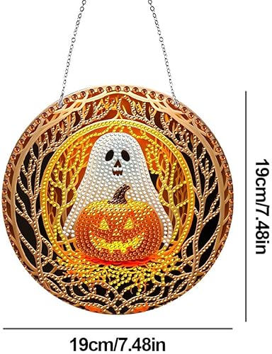 Miniatura 6 de LUSandy Kit de pintura de diamante de calabaza fantasma 5D para Halloween, letrero de arte de pared, diseño de calabaza, diamante, atrapasoles,