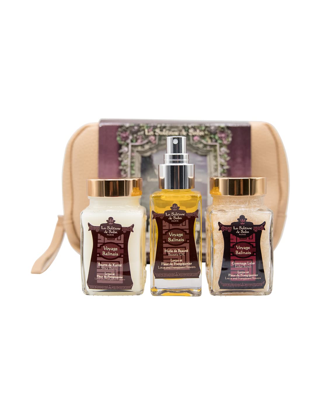 La Sultane de Saba - Coffret Voyahe Balinais Lotus et Gleur de Frangipanier - Gommage lulur 100ml + Huile de beauté 50ml + Beurre de Karité 100ml